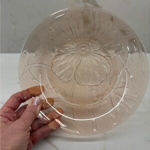 2 Vintage KIG Indonesia Pink Glass Plates with Embossed Floral Pattern